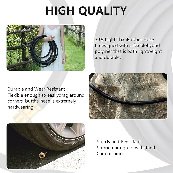 Garden Hose 5/8" x 25ft Brass Rubber Heavy Duty Water Hose 600 PSI Burst Pressure, Durable Flexible Hose for Yard, Car Wash, Pets Black