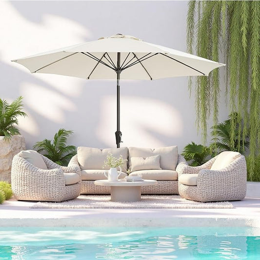 9FT Large Outdoor Patio Umbrella Market Table Umbrella-UV Resistant, Easy Push Button Tilt and Crank, 8 Sturdy Ribs Heavy-Duty Pool Umbrella for Deck,White