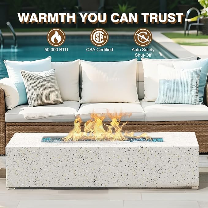 2-Piece Outdoor Propane Fire Pit Table Set – Premium Terrazzo-Like MgO Finish, Sturdy & Waterproof 56-Inch Gas Fire Table with Tank Table, Garden & Backyard, Includes Rain Cover & Glass Beads