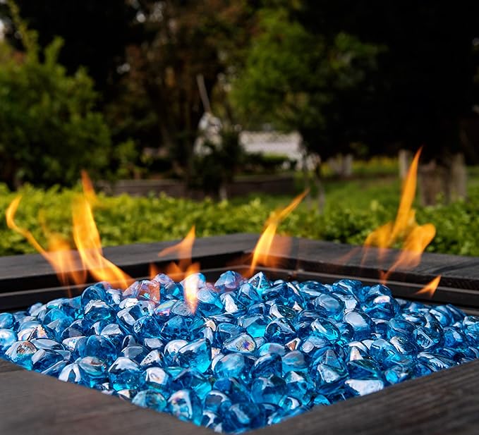 Fire Glass Diamond 1 Inch Fire Pit Glass Rocks for Propane or Gas Fire Pit(20 Pounds Margarita Azura Blue) Gift Package