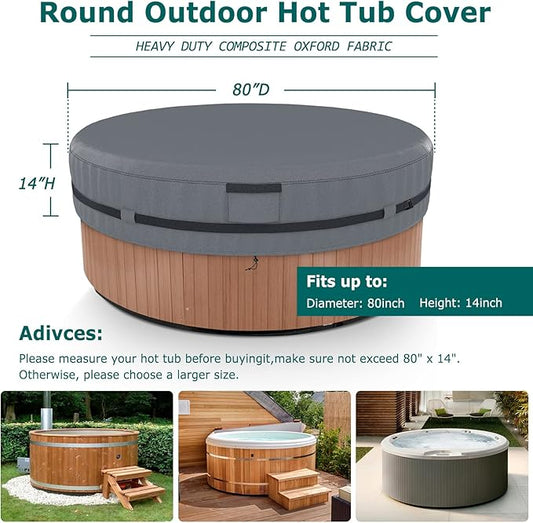 AKEfit Round Hot Tub Cover, 600D Polyester Waterproof for Hot Tub, UV Protection & Windproof, 80''x 14'', Grey