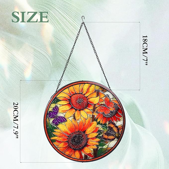Wkyqes Sunflowers Handmade Stained Glass Window Hanging Suncatcher with Chain - 7.9" Outdoor/Indoor Art Decor for Home Garden, Wedding, Mother's, Valentine's & Christmas Ornaments Present