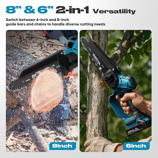 Mini Chainsaw 8” & 6” Compatible with Makita 18V Batteries, Cordless, Brushless Motor, Includes 2×20V Batteries & Charger, Lightweight Handheld Electric Chainsaw for Tree Trimming & Wood Cutting