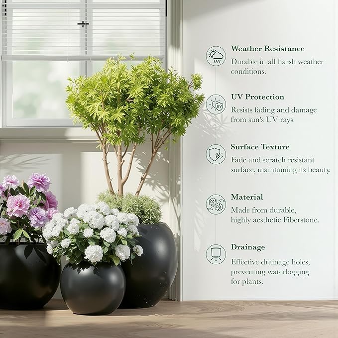 DTY Signature Mount Sherman Modern Indoor Outdoor Fiberstone Sphere Planter, Durable Round Garden Pot, Weather Resistant, Drainage Hole & Rubber Plug, Planter for Christmas Tree - Medium, Black