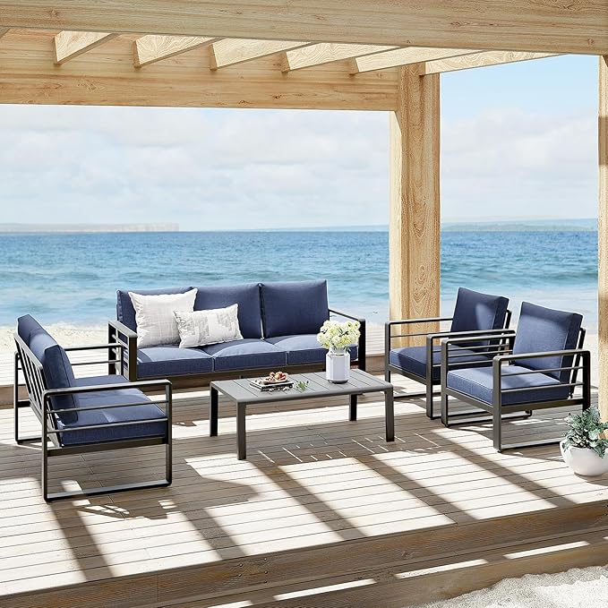 Patiorama Aluminum Patio Furniture Set, 2 PCS Outdoor Armchairs Single Sofa Couch, All Weather Dark Grey Metal Chair with Olefin Cushion, Deep Seating, 300 lbs Capacity, Deck, Garden-Blue Cushion