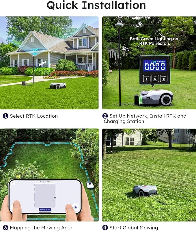 Robot Lawn Mower NO Wire, Full Band RTK+4-Eye Vision Robotic Lawnmower, Automatic Mapping, 20 Multi-Zone Management, Accurate Obstacle Avoidance, Intelligent Path Planning