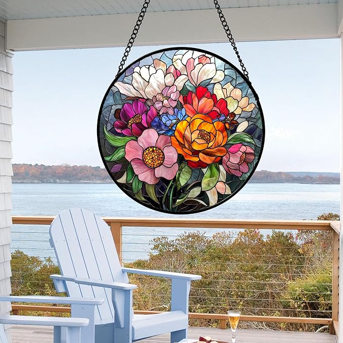 QZQCBLC Stained Glass Window Hanging Flowers and Wildflowers 9.8" - Suncatcher Door Garden Sun Catcher Home Decor Birthday Thanksgiving Christmas for Mom Woman Nana Friend