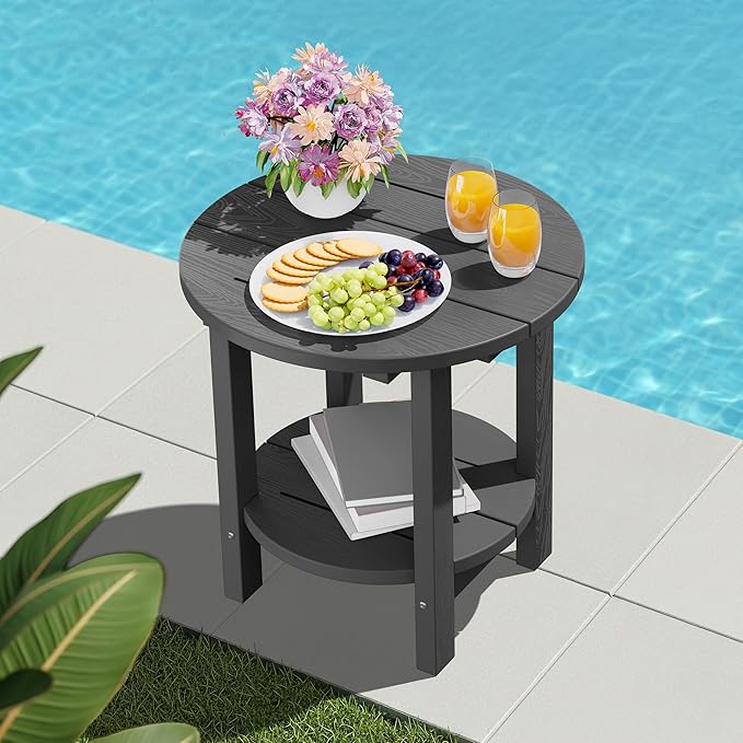 SERWALL Round Outdoor Side Table Set of 4, HDPE Small Adirondack Double End Table, Gary