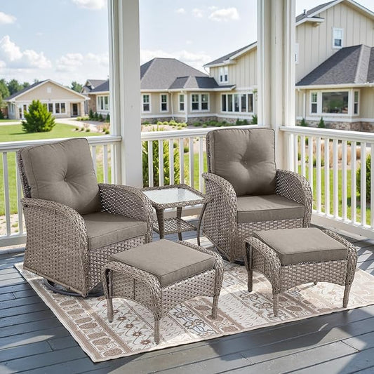 5 Piece Swivel Rocker Glider Outdoor Chairs Set of 2 with Ottoman and Glass Side Table Patio Bistro Furniture Set, Comfort High Back Wicker Patio Conversation Set for Deck Porch Sunroom