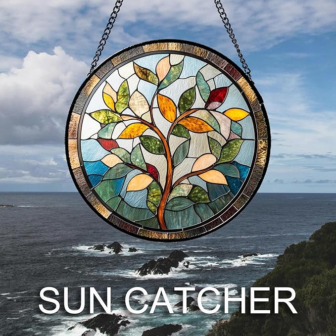 QZQCBLC Stained Glass Window Hanging Colorful Tree of Life Large 11.8" - Plant Leaves Suncatcher Door Garden Sun Catcher Home Decor Birthday Christmas for Mom Men Woman Nana Friend