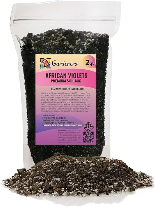 Gardenera African Violets and Gesneriad Premium Soil Mix - Horticultural Perlite (25%) + Vermiculite (25%) + Sphagnum Peat Moss (50%) - Made in USA - (2 Quart Bag)