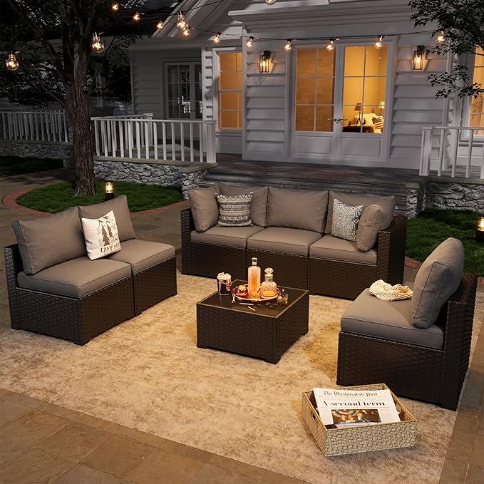 Aoxun 7 Piece Patio Furniture Set Wicker Rattan Patio Sectional Sofa Set Outdoor Seating Furniture with Thickened Cushion, Grey