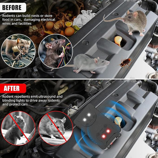 4Pack Ultrasonic Rodent Repellent for Car Engines,Under Hood Ultrasonic Mouse Repellent with 4 LED Strobe Lights,Plug-in&Battery Powered,Keep Rats,Mice,Squirrels Away from Vehicles,RVs,Garages,Attics