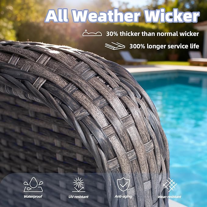 4 Pcs High Back Wicker Patio Chairs Set with Ottoman, Outdoor Porch Chair with Thick Cushion for Balcony Deck Yard and Porch, Blue