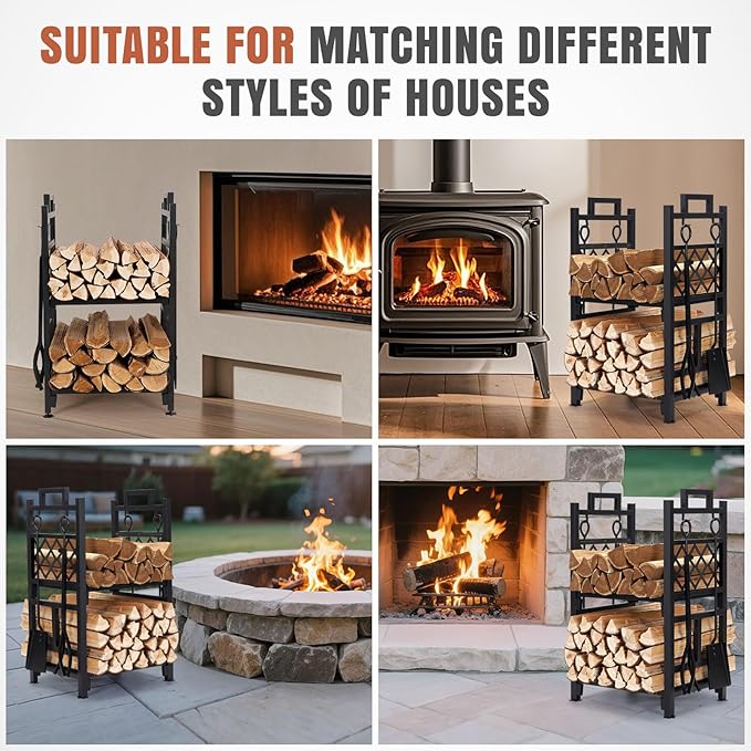 INNO STAGE Firewood Rack Fireplce Firepit Tools Set Double Layer Iron Wood Log Holder for Fire Place Outdoor Indoor Accessories-Brush, Shovel, Tong, Hook