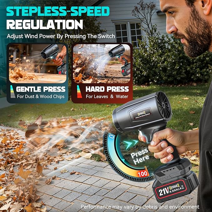 DIYtoolifz 800,000 RPM Cordless Leaf Blower with 2x4.0Ah Batteries, Brushless Motor, Adjustable Speed, Lightweight Portable Electric Blower for Car, Patio, Garden & Indoor Cleaning, 3 Nozzles Included