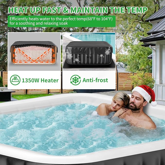4-6 Person Inflatable Blow Up Hot Tub, Square Portable Hot Tub, Leak-Proof PVC Outdoor Spa with 130 Strong Air Jets, Heater Pump and Insulated Cover, 73” X 73”X 25”