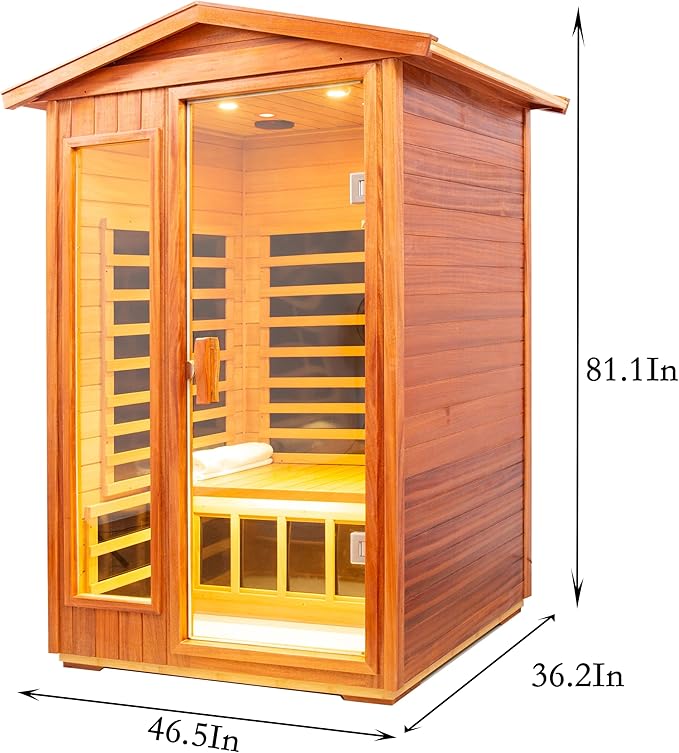 LTCCDSS Mahogany Outdoor Sauna 2 Person,Super Low EMF Far Infrared Sauna for Home, Withstand Outdoor Temp -10℉-149℉| EMF Readings Below 0.5mG, 9 Low EMF Boards-Chromotherapy-Bluetooth Speaker