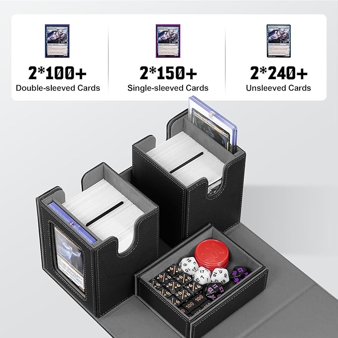 ZLCA Card Deck Box with Commander window Display, MTG Deck Box with Dice Tray Holds 200+ Double-Sleered Cards,Card Storage Case fit for YuGiOh,MTG,Sport (Black&Grey)