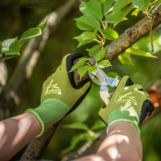 COOLJOB 2 Pairs Gardening Gloves for Women and Men, Bamboo Working Gloves Touchscreen, Grippy Nitrile Rubber Coated Work Gloves, Green/Black, Small Size (2 pairs S)