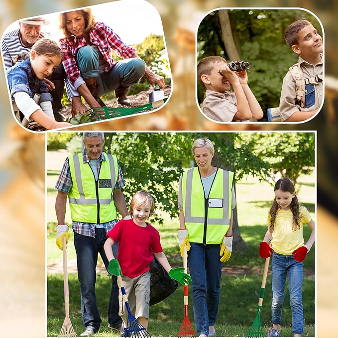 4 Set Kids Leaves Rakes with Hardwood Handle Metal Rakes Child Garden Lawn Rake with 4 Pairs Gloves for Garden Leaves Tools