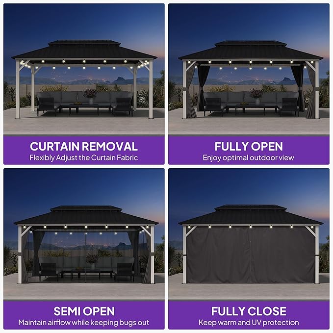 PURPLE LEAF 10' X 16' Outdoor Gazebo Galvanized Steel Double Roof White Aluminum Frame Hardtop Heavy Duty Gazebo with Curtain and Netting for Patio Garden and Backyard, Grey