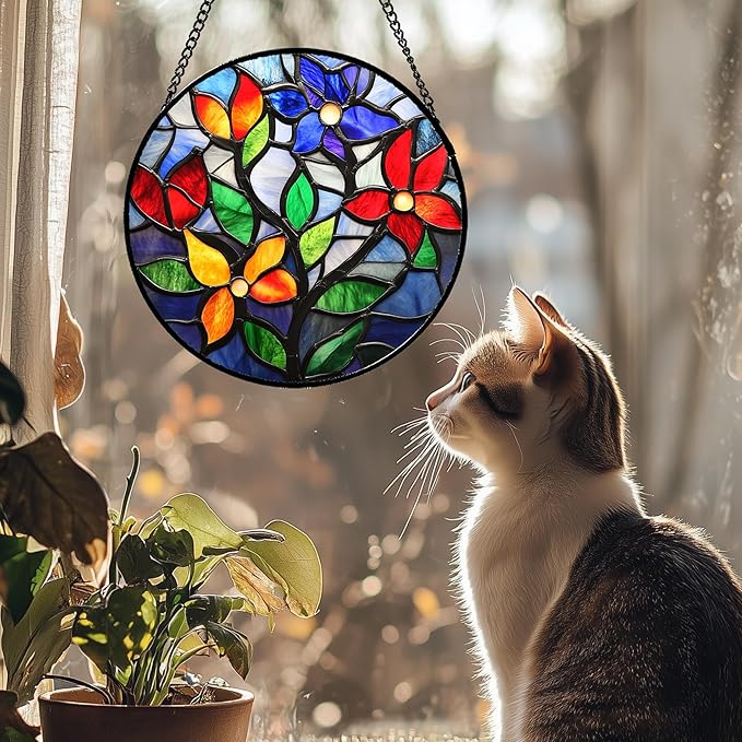 QZQCBLC Stained Glass Window Hanging Colorful Flowers and Leaves 6.3" - Suncatcher Door Garden Sun Catcher Home Decor Birthday Christmas Mother's Day for Mom Men Woman Nana Friend