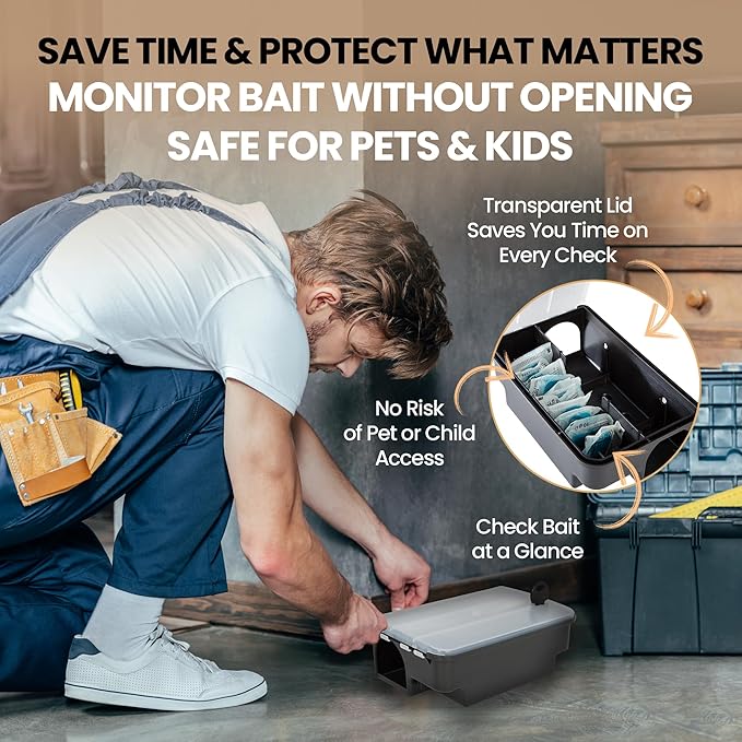 Köder-Discount Mouse & Rat Trap (Bait Not Included) – 4 Lockable Rat Bait Stations with Clear Lid & Dual Entry – Weather-Resistant, Tamper-Proof Rodent Trap to Prevent Bait Removal (8.7 x 5.5 x 3.1)