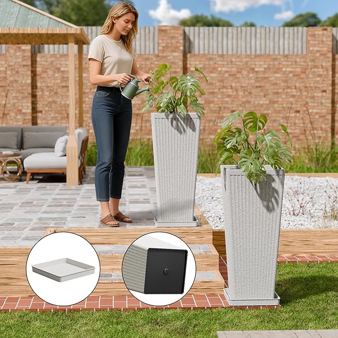 Tapered Tall Planters for Outdoor Plants 2 Pack- 23.6 Inch Heavy-Duty Classic Square Indoor Flower Pots with Drainage Holes/Partition/Tray, Large Outdoor Planters for Porch Patio, White