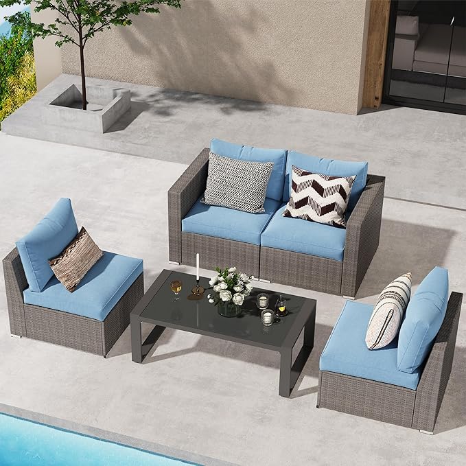 Wisteria Lane Patio Furniture Set, 2 Pieces Armless Wicker Outdoor Furniture Patio Couch with Washable Cushions, Oversized Outdoor Sectional for Garden, Poolside, Backyard, Blue