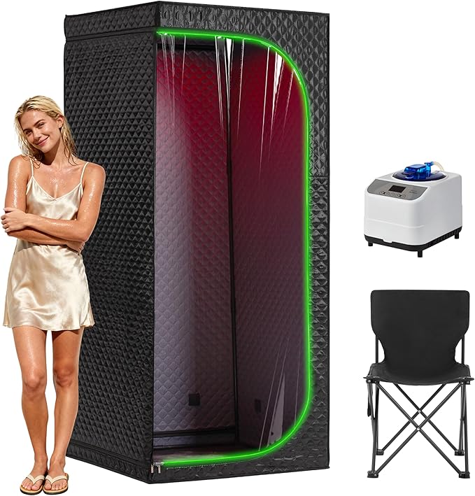 Steam Sauna Tent for Home with Transparent Door, Portable Indoor Sauna with Powerful Steam Heating, Foldable Personal Spa for Relaxation (Single Rectangular – Red Light, Black)