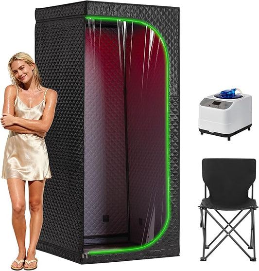 Steam Sauna Tent for Home with Transparent Door, Portable Indoor Sauna with Powerful Steam Heating, Foldable Personal Spa for Relaxation (Single Rectangular – Red Light, Black)