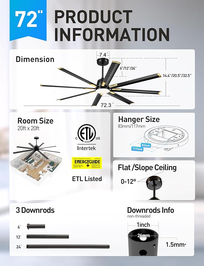 72 Inch Ceiling Fan with Light,Industrial Ceiling Fan with 8 Aluminium Blades,Black Gold Smart Fan Compatible with Alexa,Garage Outdoor Indoor Fan for Patio and Living Room