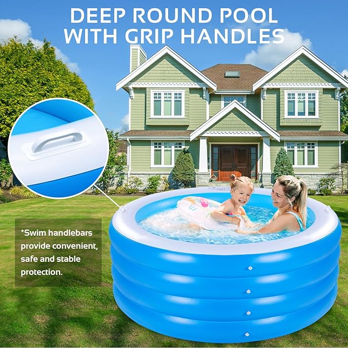 Inflatable Swimming Pool, 70"x30" Large Deep Round Inflatable Pool with Handles Family Pool, Summer Water Party, Outdoor, Garden Backyard, Suitable for Adults (Blue)