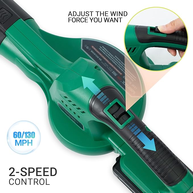 WISETOOL 20V Cordless Leaf Blower with Battery and Charger, Leaf Blower Battery Operated, Variable Speed with 2 Tubes for Patio, Leaves Blowing-Green