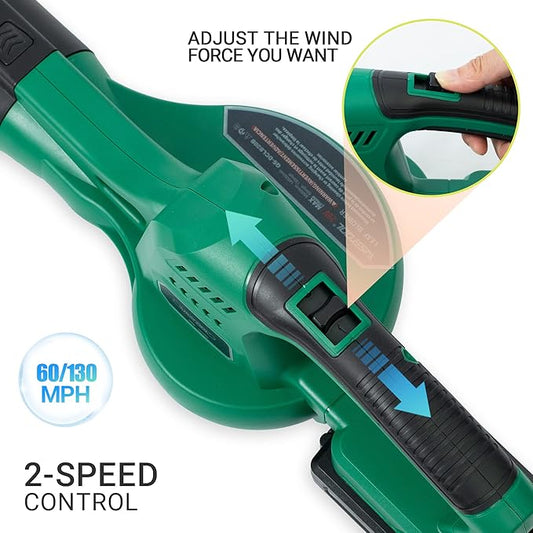 WISETOOL 20V Cordless Leaf Blower with Battery and Charger, Leaf Blower Battery Operated, Variable Speed with 2 Tubes for Patio, Leaves Blowing-Green