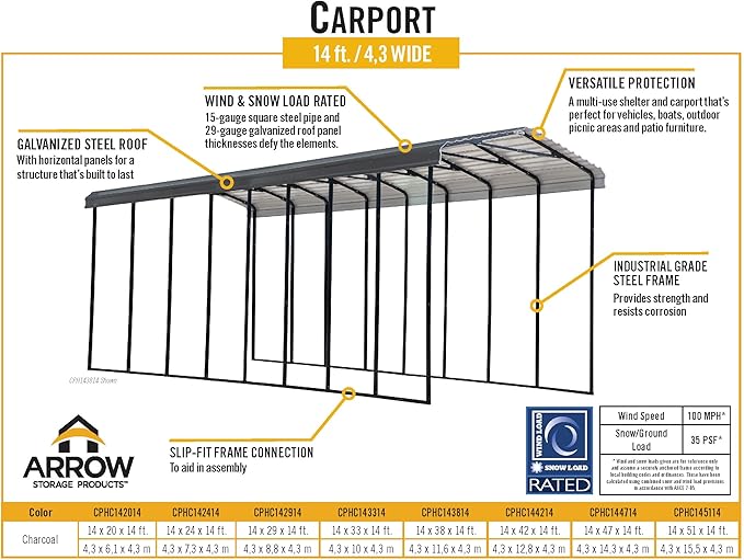 Arrow Carports Galvanized Steel Carport, RV Metal Carport Kit, 14' x 47' x 14', Charcoal