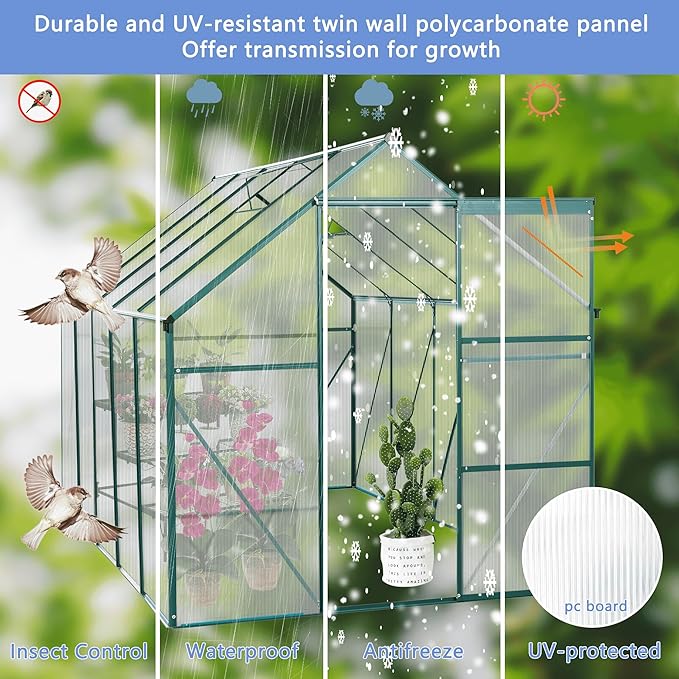 6×8 FT Outdoor Greenhouse for Backyard, Polycarbonate Walk-in Green House with Aluminum Frame, Raised Base, Sliding Door & Adjustable Roof Vent, Greenhouses for Outdoors Winter Use, Green