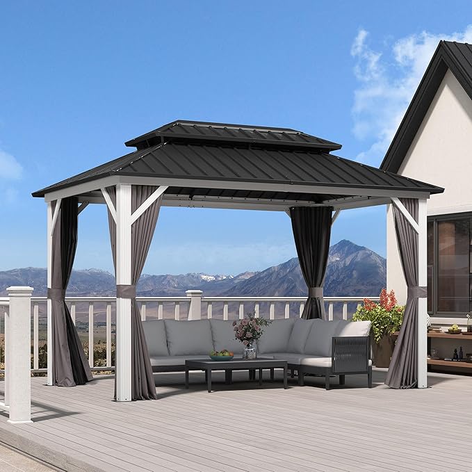 PURPLE LEAF 8' X 12' Hardtop Gazebo Metal Double Roof White Aluminum Frame Outdoor Heavy Duty Gazebo with Curtain and Netting for Patio Garden and Backyard, Grey