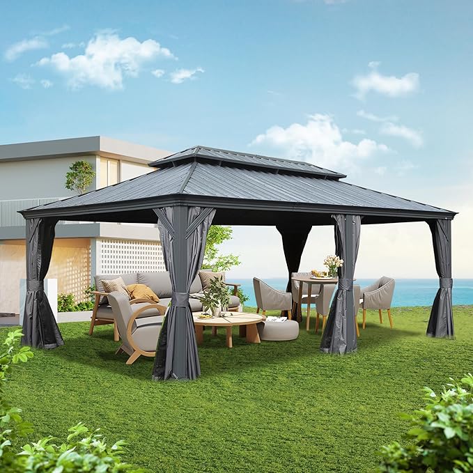 Domi 14' X 22' Hardtop Gazebo, Upgraded Metal Gazebo with Drainage System, Dual-Layer Galvanized Steel Roof, Curtain and Netting, Outdoor Shelter Canopy for Patio, Garden, and Backyard, Grey