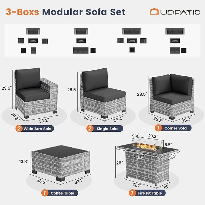 UDPATIO Patio Furniture Set with Fire Pit Table, 8 Inch Armrest Outdoor Sectional Sofa, 7 Piece Wicker Outdoor Furniture Conversation Sets with Waterproof Cover for Backyard Deck(Grey/Black)