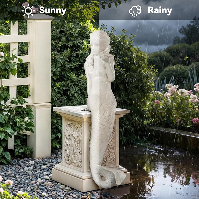 Ultym Mermaid Statue Outdoor, Large 25.6 Inch Garden Sculpture Figurines for Lawn and Patio Decor, Durable MGO Stone Yard Art with Weatherproof Finish for Indoor Decor Christmas Gift Antique White