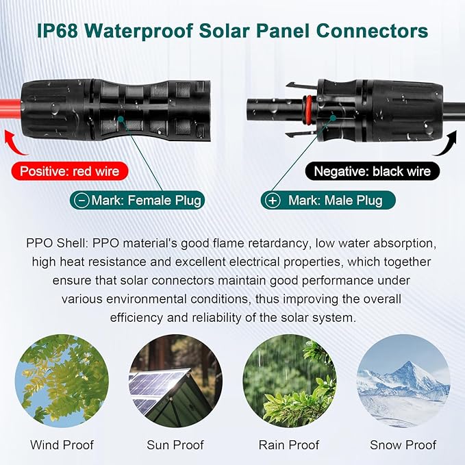 8AWG Solar Extension Panel Cable - 50FT Solar Wire with Waterproof Female and Male Connector and Solar Panel Adaptor Kit Tool PV Wire for RV, Home, Boat, Solar Panels(50feet Red + 50feet Black)