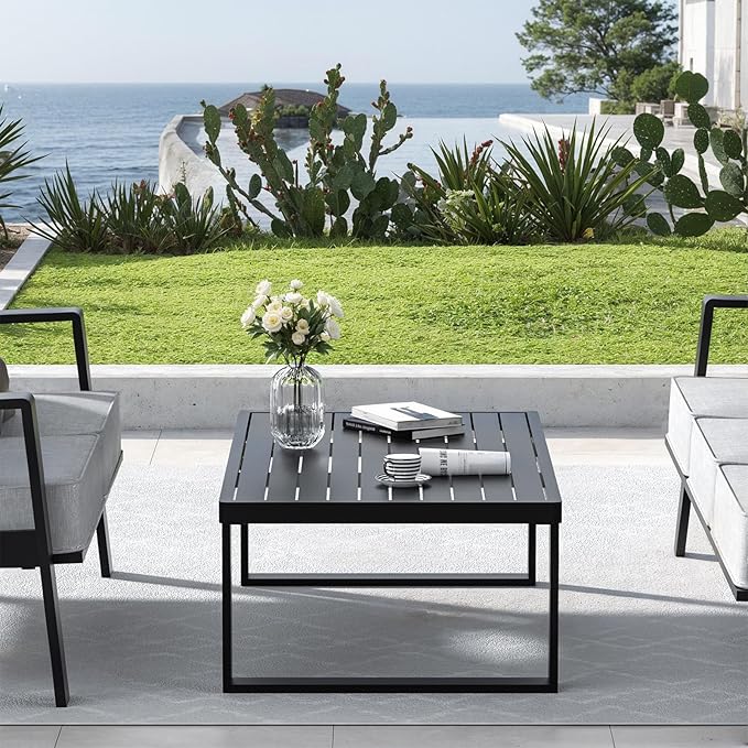 Aluminum Outdoor Patio Coffee Table for for Deck, and Poolside (Black, All-Aluminum)