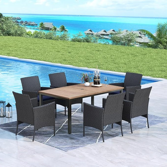 MFSTUDIO Patio Dining Set for 6, Outdoor Rectangular Wood-Like Table with Chairs, 7 Piece Outdoor Rattan Dining Furniture Set, Patio Table and Chairs for 6