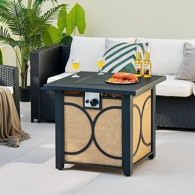 Giantex 28” Outdoor Fire Pit Table - 50,000 BTU Square Metal Fire Table with Lid, PVC Cover, Glass Stones, CSA Approved, 2-in-1 Ignition Propane Gas Fire Table for Outside Patio Garden Backyard Deck