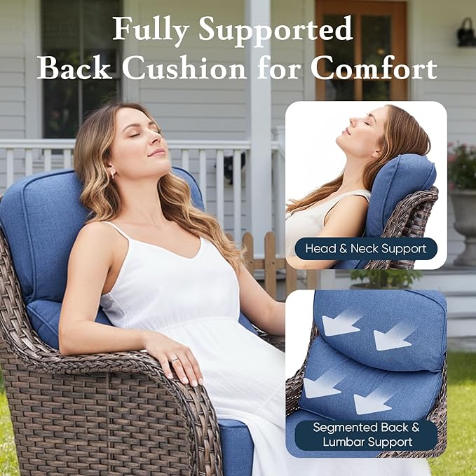 Belord Luxury 6" Thick Cushioned Outdoor Swivel Rocker Patio Chairs with Side Table, 3 Pieces High Back Wicker Furniture Set with Ergonomic Back, Conversation Gliders Set for Deck Porch - Brown+Blue