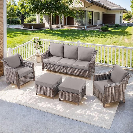 5 Pieces Wicker Patio Furniture Set-Outdoor High Back Sofa with Rattan Wicker Chairs Outdoor Furniture for Porch Garden Backyard Poolside-Brown/Grey