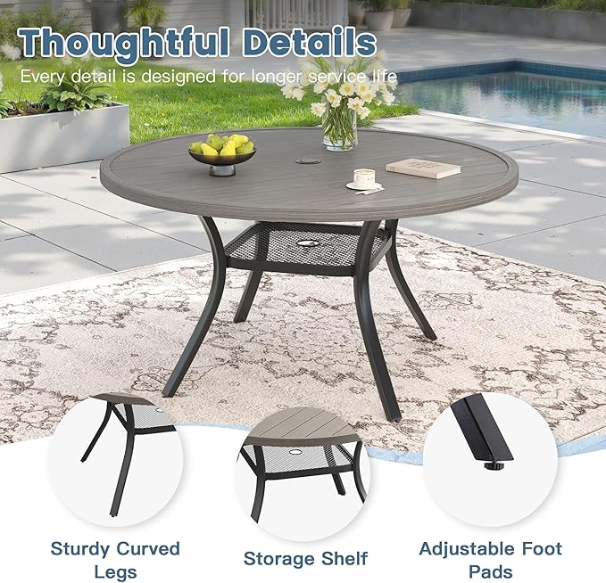 DIFY 48" Round Patio Dining Table for 6, Outdoor Metal Dining Table with 1.57" Umbrella Hole for Backyard Lawn Garden, Grey Wood-Like
