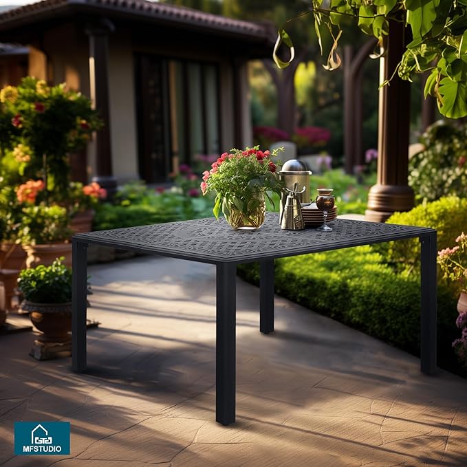MFSTUDIO Cast Aluminum Outdoor Dining Table, 53" Square Patio Table with Umbrella Hole, Metal Aluminum Patio Dining Table for 8